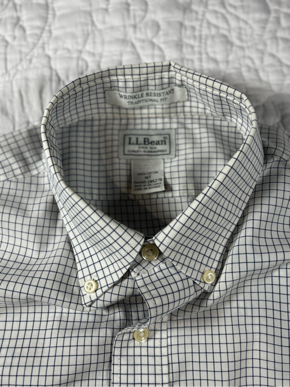 L.L. Bean Men's White Button-Down Shirt with Navy Windowpane